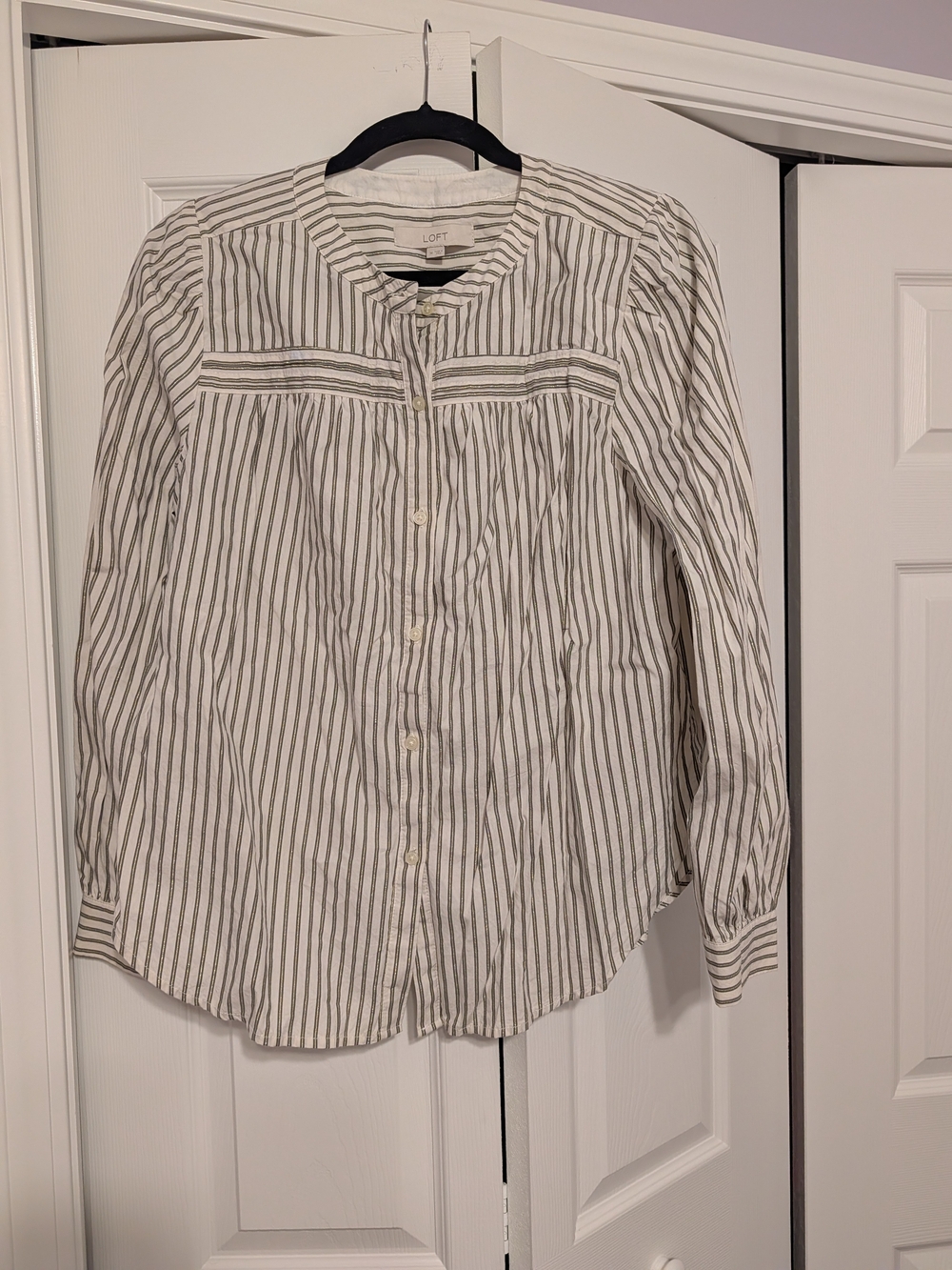 LOFT Green and Gold Striped Button-Down Blouse